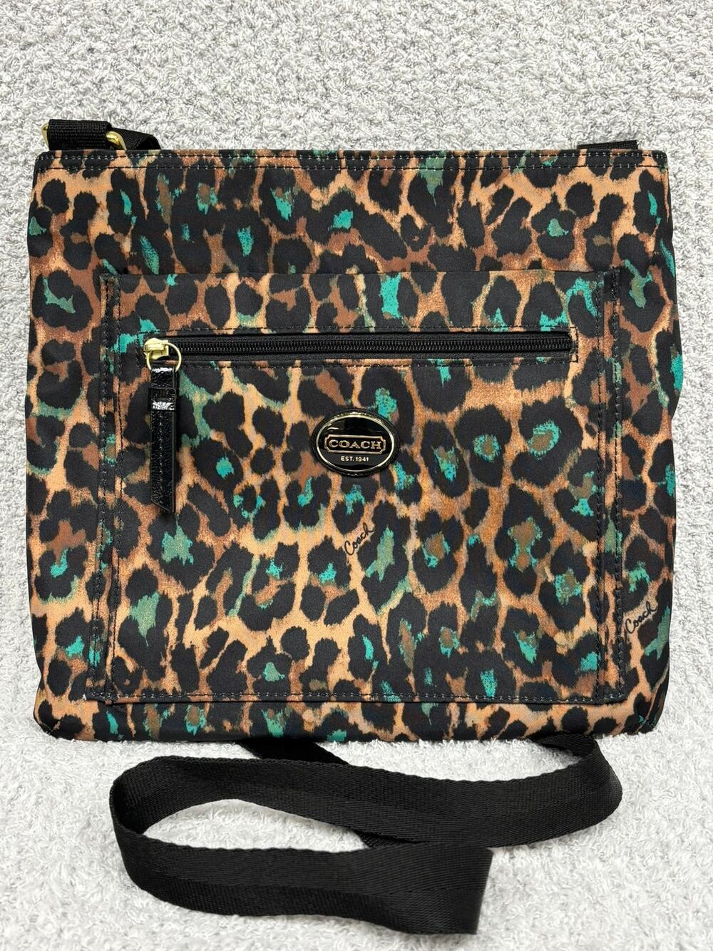 Coach Nylon Black Teal Big Cat Print Crossbody Purse F77479 #76920